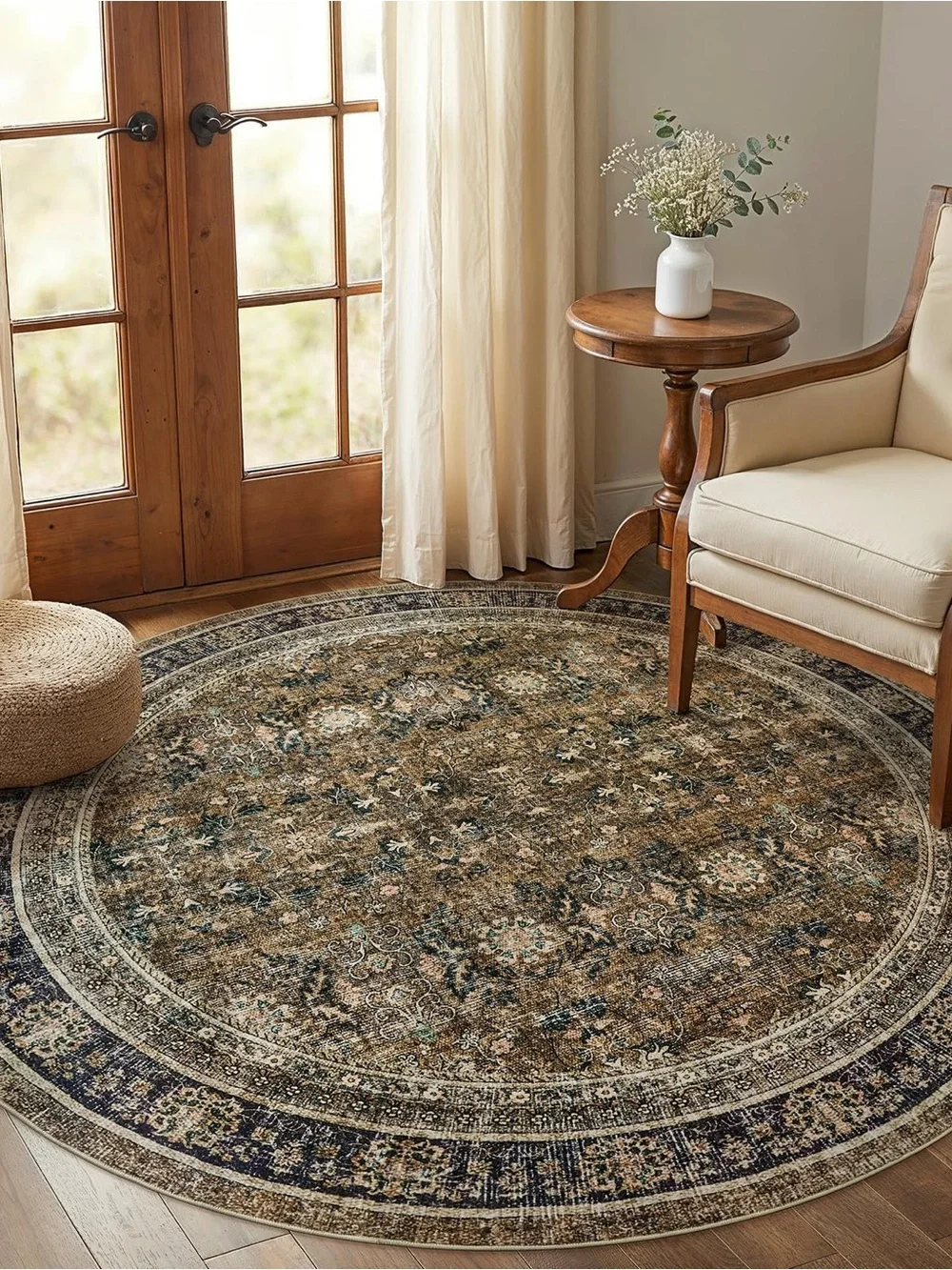 Round Vintage-Inspired Area Rug in Brown and Blue 6 ft